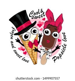 Vector ice cream in a waffle cups and popsicle. Comic and funny sweet couple with hats. Hand drawn illustration of cartoon ice cream. Print on T-shirts, bags and other fashion products. 