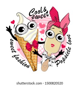Vector ice cream in a waffle cups and popsicle. Comic and funny sweet couple with hat and bow. Hand drawn illustration of cartoon ice cream. Print on T-shirts, bags and other fashion products. 