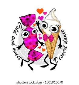 Vector ice cream in a waffle cups and candy. Comic and funny sweet couple with bow. Hand drawn illustration of cartoon ice cream and candy. Print on T-shirts, bags and other fashion 