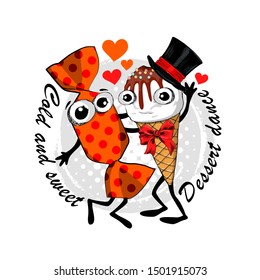 Vector ice cream in a waffle cups and candy. Comic and funny sweet couple with bow. Hand drawn illustration of cartoon ice cream and candy. Print on T-shirts, bags and other fashion 