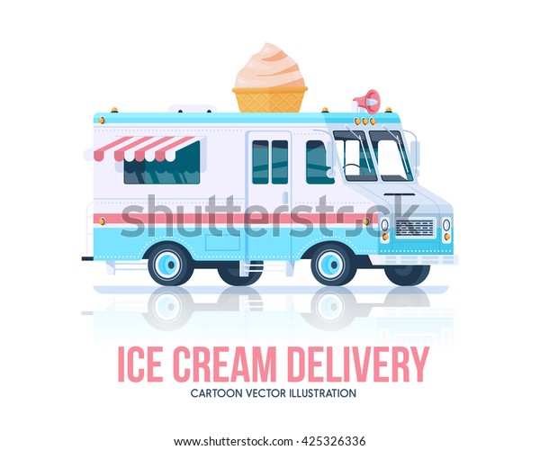 Vector ice cream wagon truck. Delivery\
service. Flat\
illustration.