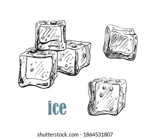 Vector Ice Cube Set. Hand Drawn Line Graphic Element,black And White Sketch. Illustration For Menu,drinks