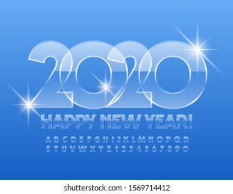 Vector ice greeting card Happy New Year 2020! Glass transparent Font. Set of Alphabet Letters and Numbers