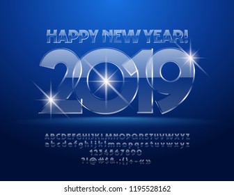 Vector ice Happy New Year 2019 Greeting Card. Set of Letters, Symbols and Numbers. Trendy Glass Font