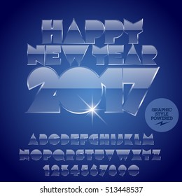 Vector ice Happy New Year 2017 greeting card with set of letters, symbols and numbers. File contains graphic styles