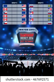 Vector Ice Hockey Arena Board Empty Field Background Championship Toronto. Vertical Poster.