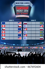 Vector Ice Hockey Arena Board Empty Field Background Championship Toronto. Vertical Poster.