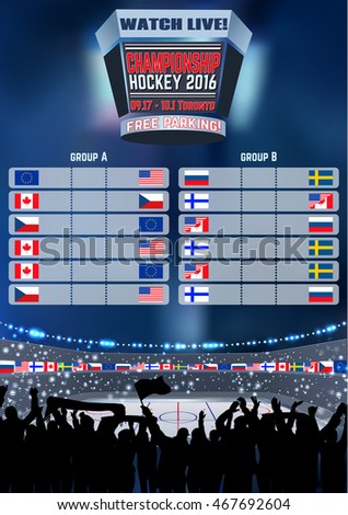 Vector ice hockey arena Board Empty Field Background Championship Toronto. Vertical poster.