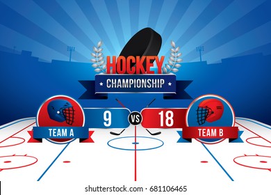 Vector of ice hockey championship with team competition and scoreboard.