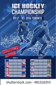 Vector ice hockey dynamic composition with silhouettes hockey players. Ice explosion, abstract background. Eight teams table group A and B. Vertical poster.
