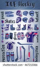 Vector ice hockey items. Equipment and protect.Winter sporting games theme or championship design.