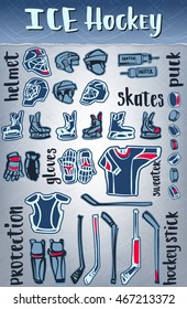Vector ice hockey items. Equipment and protect.Winter sporting games theme or championship design.