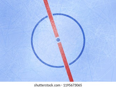 Vector ice hockey rink background. Center of ice arena with central point and middle line and lines texture