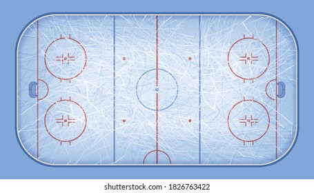 Vector of ice hockey rink. An overhead view of an ice hockey rink complete with markings. Textures blue ice. Ice rink. Top view. 
