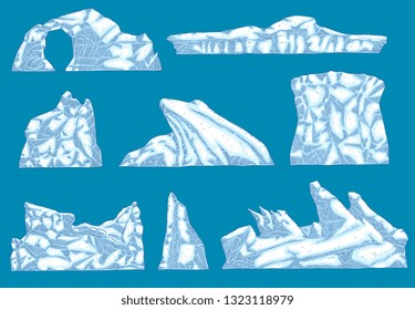 Vector ice hummock , iceberg different shapes icon set. Ground glacier, polar drifting ice mountain. Arctic environment and landscape design object. Frozen water ecological infographic element