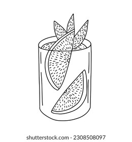 Vector ice summer cocktail with lime and mint sketch