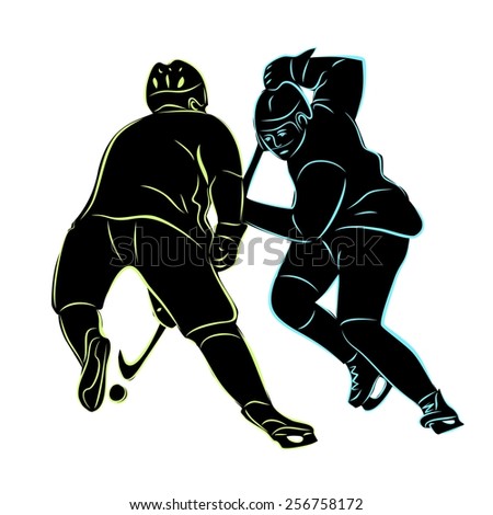 vector of ice two hockey players silhouette.  hockey duel