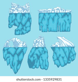 Vector iceberg different shapes icon set. Underwater glacier, polar drifting ice mountain in ocean. Arctic environment and landscape design object. Floating frozen water ecological infographic element
