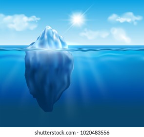 Vector iceberg floating in blue ocean with sun and clouds in the sky