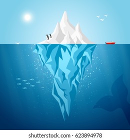 Vector iceberg infographics template illustration. Flat style iceberg concept underwater background with infographic design elements.