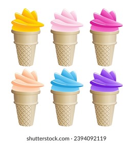 vector icecream cones isolated on white background. collection of ice-cream in crispy wafer cups. 