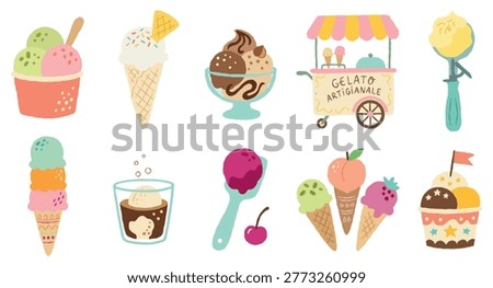 Vector icecream gelato collection. Cones cups affogato stand cart. Artigianale flavors desserts.