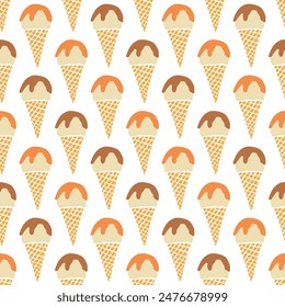 Vector ice-cream waffle cones seamless pattern on white background. Cute flavored vanilla, caramel chocolate gelato repeat design. Hand drawn simple retro yummy summer dessert, flat modern style