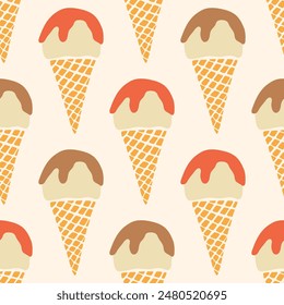 Vector ice-cream waffle cones seamless pattern on cream off white background. Cute flavored vanilla, caramel chocolate gelato repeat design. Hand drawn retro yummy summer dessert, flat modern style