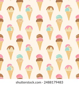 Vector ice-cream waffle cones seamless pattern. Cute flavored fruit, vanilla and chocolate gelato repeat design on cream off white background. Hand drawn retro pastel textured summer frozen dessert