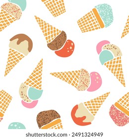 Vector ice-cream waffle cones seamless pattern. Colorful flavored fruit, vanilla and chocolate gelato repeat design on white background. Hand drawn retro pastel textured summer frozen dessert