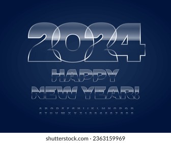 Vector iced Greeting Card Happy New Year 2024! Unique transparent Font. Glass Alphabet Letters and Numbers set