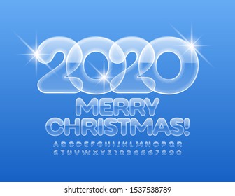 Vector iced greeting card Merry Christmas 2020. Glass Uppercase Font. Transparent Alphabet Letters and Numbers