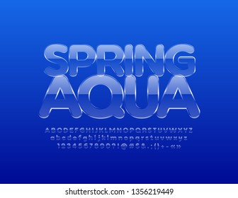 Vector Iced Logo Spring Aqua With Transparent Font. Glass Alphabet Letters, Numbers And Symbols