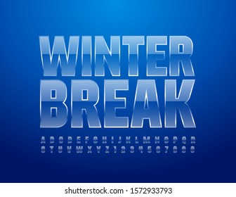 Vector Iced Sign Winter Break. Transparent Uppercase Font. Glass Alphabet Letters And Numbers.