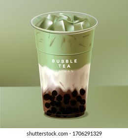 Vector Iced Taiwan or Japan Bubble Tea, Milk Tea or Matcha Green Tea