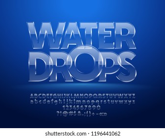 Vector Iced Water Drops Text With 3D Font. Glass Alphabet Letters, Numbers And Symbols