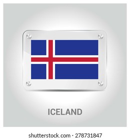 Vector Iceland Flag glass plate with metal holders - Country name label in bottom - Gray background vector illustration
