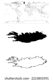 Vector Iceland map, map of Iceland showing country location on world with solid and outline maps for Iceland on white background. File is suitable for digital editing and prints of all sizes.