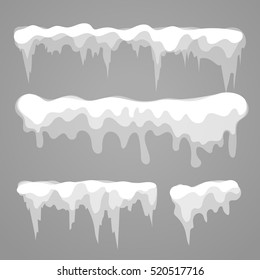 Vector icicle and snow elements on grey background. Different snow cap isolated on 
white. Snow elements on winter 