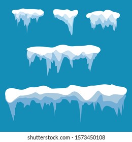 
Vector icicles and snow elements on a blue background. Different snow caps isolated on white. Snow elements for winter