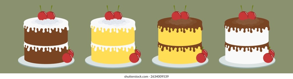 Vector icing cakes of chocolates and vanilla with cherries. 