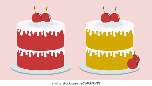 Vector icing cakes of strawberry and vanilla with cherries. 