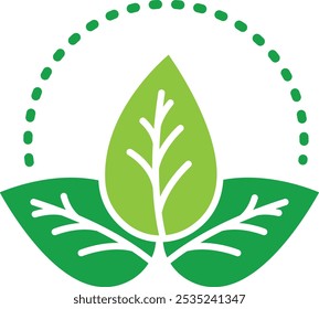 Vector icon of 100% natural. Green leaves forming a circular pattern with a dotted outline, symbolizing natural and eco-friendly products.