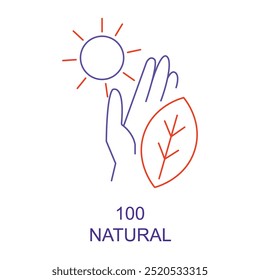 Vector icon for 100% Natural. Icon of a hand holding a leaf with a water droplet, symbolizing natural, eco-friendly products.