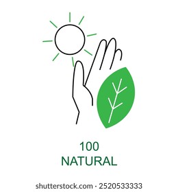 Icono de Vector para 100% Natural. Icono de una mano que sostiene una hoja con una gotita de agua, que simboliza productos naturales y ecológicos.