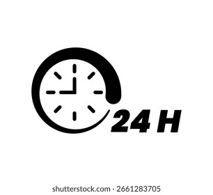 Ícone vetorial de um relógio de serviço de 24 horas, ideal para suporte, disponibilidade, controle de tempo e conceito de horário comercial.