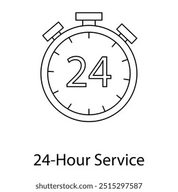 Ícone de vetor para serviço 24 horas. Ilustração de arte de linha de um relógio com 24 horas, simbolizando disponibilidade 24 horas por dia, ideal para empresas de atendimento ao cliente e serviços.