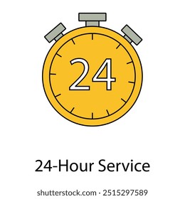 Ícone de vetor para serviço 24 horas. Ilustração de arte de linha de um relógio com 24 horas, simbolizando disponibilidade 24 horas por dia, ideal para empresas de atendimento ao cliente e serviços.