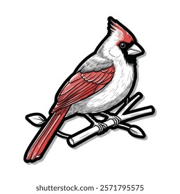 Vector icon of 3D cardinal perched on a twig with proper outline