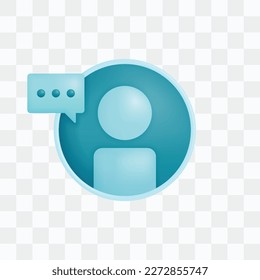 Vector icon with 3d render style of profile and chat bubble three dots metaphor of comments and feedback, 24 hour help and support assistant. Can be used for ads, poster, startup apps, banner, website